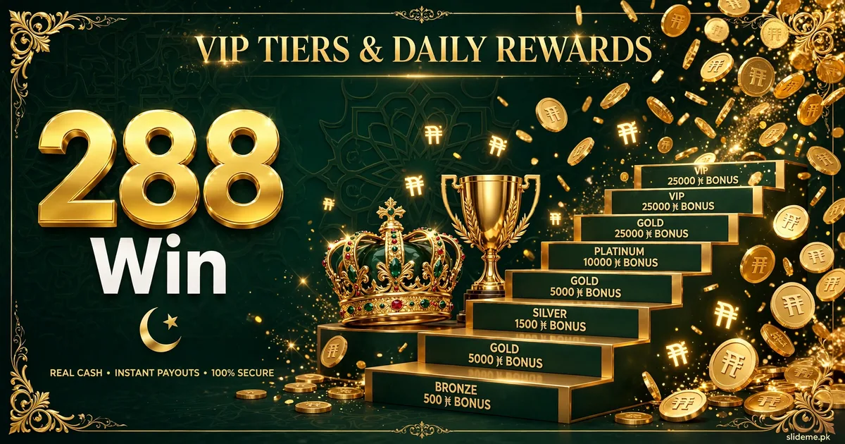 288Win VIP tiers and daily rewards banner — five VIP levels with real player perks