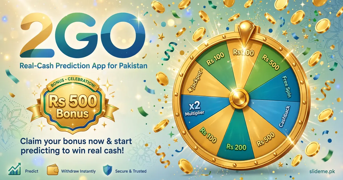 2GO Game bonus wheel showing Rs 500 signup bonus and daily lucky spin rewards