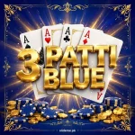 3 Patti Blue Game APK download — golden 3 Patti Blue logo with aces, blue poker chips and gold coins