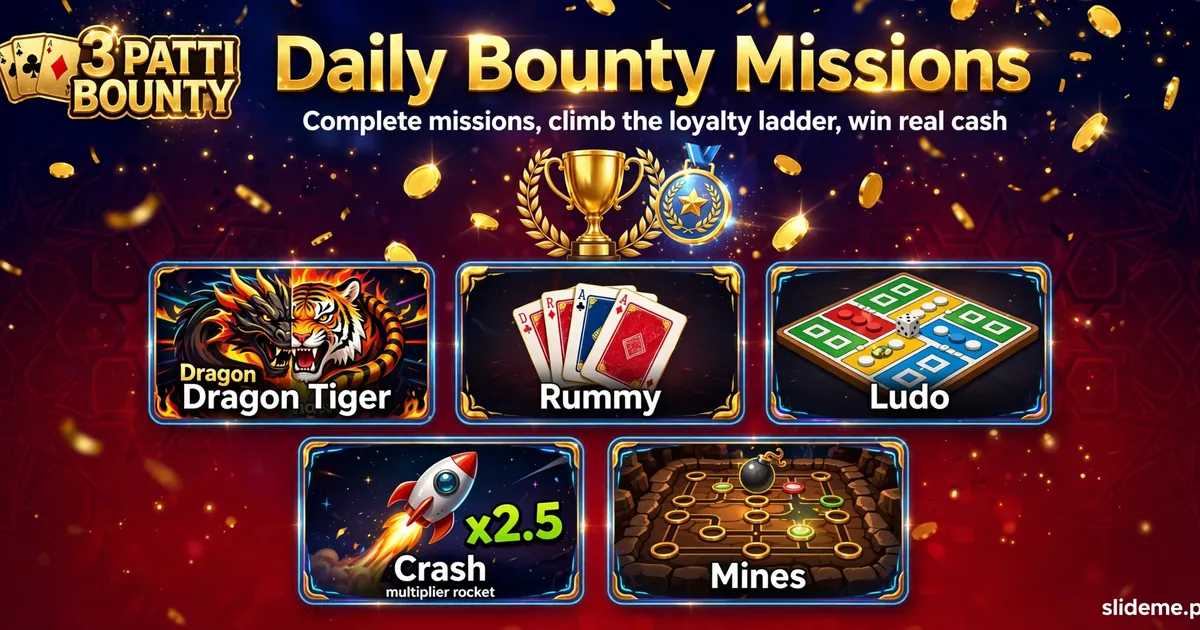 Daily bounty missions on 3 Patti Bounty with Dragon Tiger, Rummy, Ludo, Crash and Mines game tiles