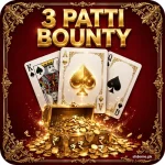 3 Patti Bounty game logo — gold 3D letters with fanned cards and treasure chest on crimson gold background