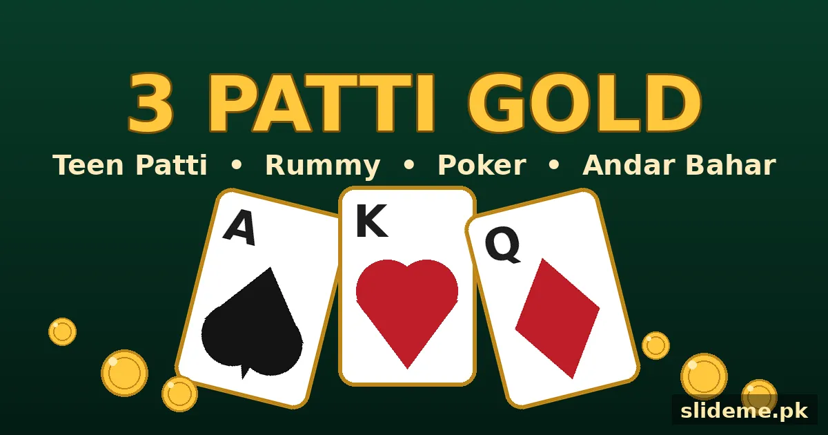 3 Patti Gold Game lobby banner – Teen Patti, Rummy, Poker and Andar Bahar cards on green felt