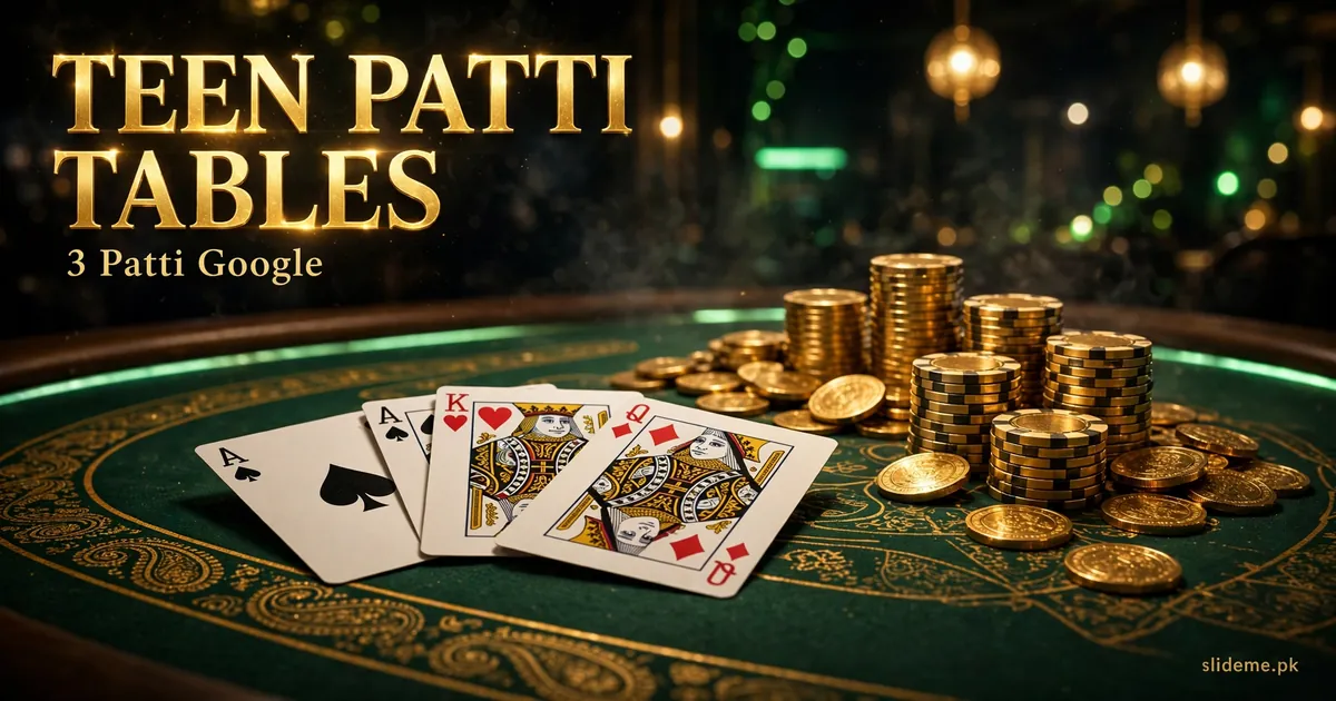Teen Patti card tables in 3 Patti Google game with gold poker chips on green casino felt