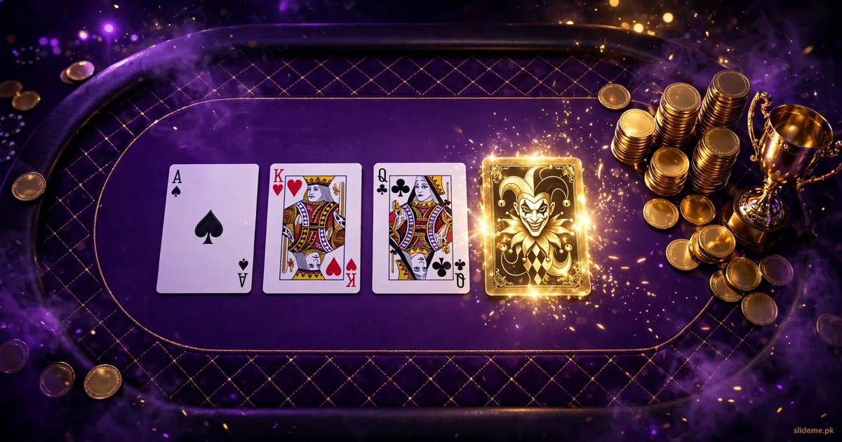 3 Patti Joker card table with a glowing Joker wild card and gold coins on purple