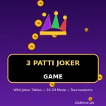 3 Patti Joker game logo in gold on purple with a joker hat