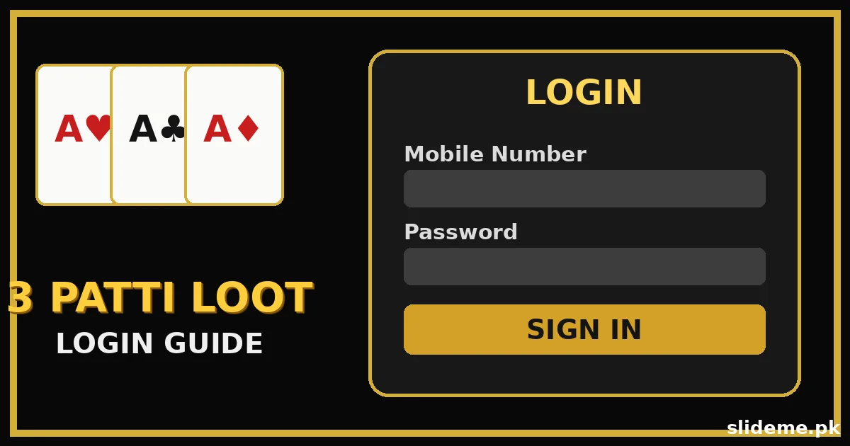 3 Patti Loot login with four aces and gold 3D letters on black