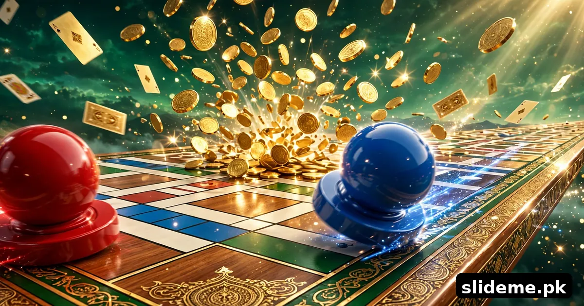 3 Patti Ludo Game hero banner showing Ludo tokens racing on the board with flying Teen Patti cards and a burst of gold coins