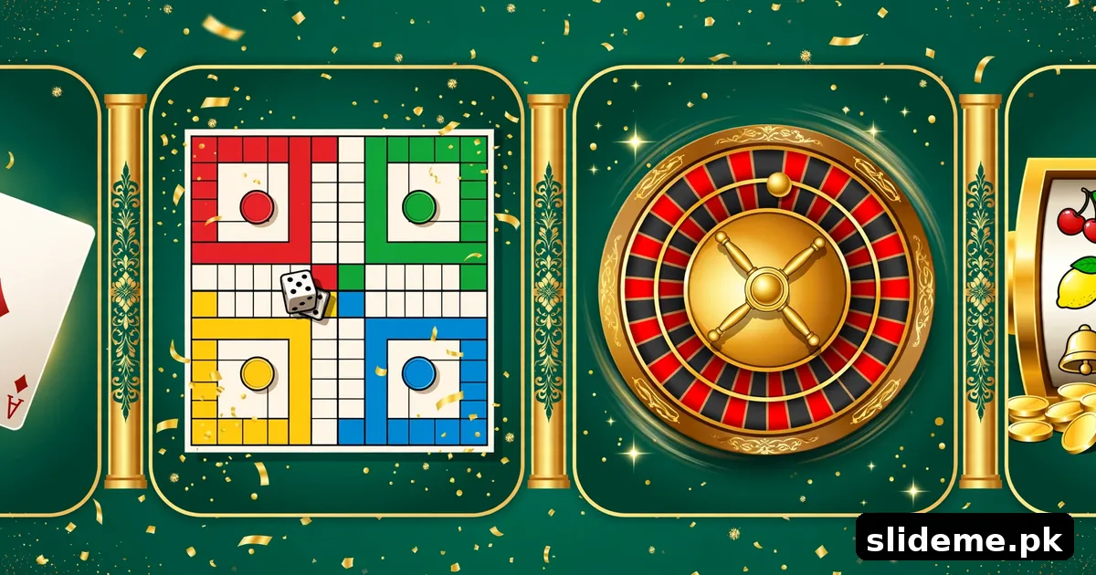 3 Patti Ludo games and modes collage with Teen Patti cards, Ludo board, golden roulette wheel and slot reels