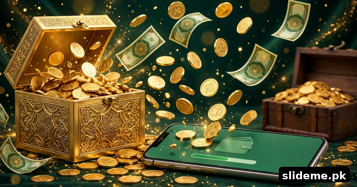3 Patti Ludo bonuses and PKR cashout banner with golden treasure chest, raining coins and a mobile wallet