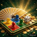 3 Patti Ludo game key art with Ludo board, Teen Patti playing cards, dice and gold coins