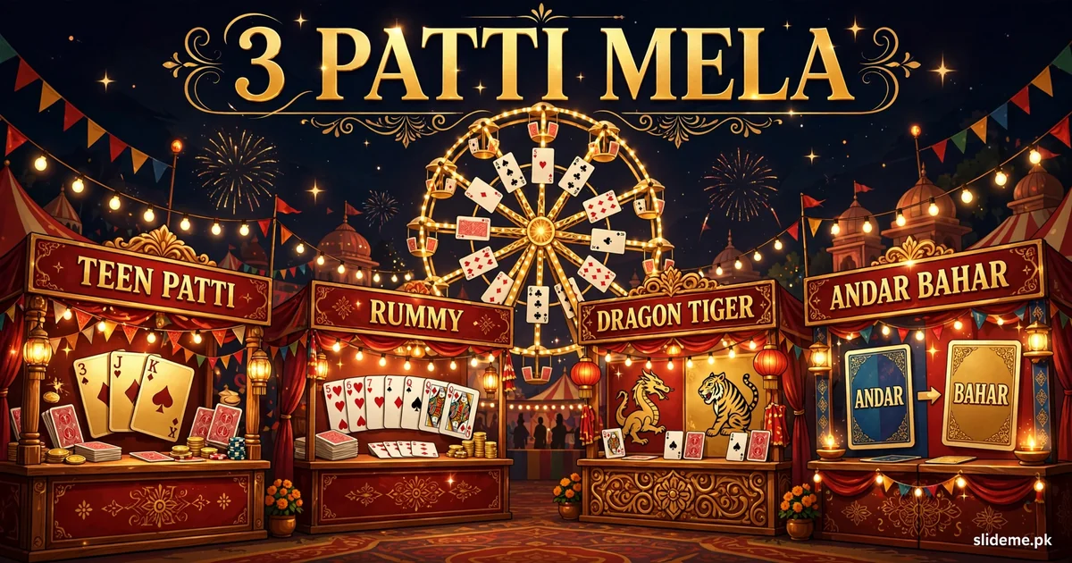 3 Patti Mela game fairground lobby with glowing game stalls and card ferris wheel