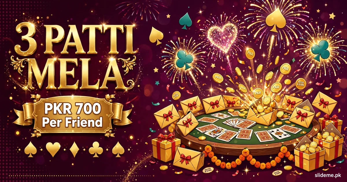 3 Patti Mela referral rewards with gold coins and gift envelopes at card table