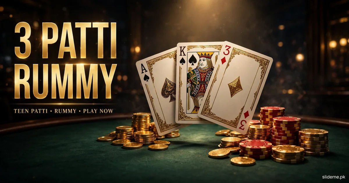 3 Patti Rummy Teen Patti card table with gold-edged playing cards and casino chips