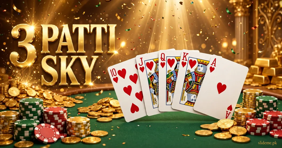 3 Patti Sky game banner with golden Teen Patti branding, playing cards and gold coins on a casino table