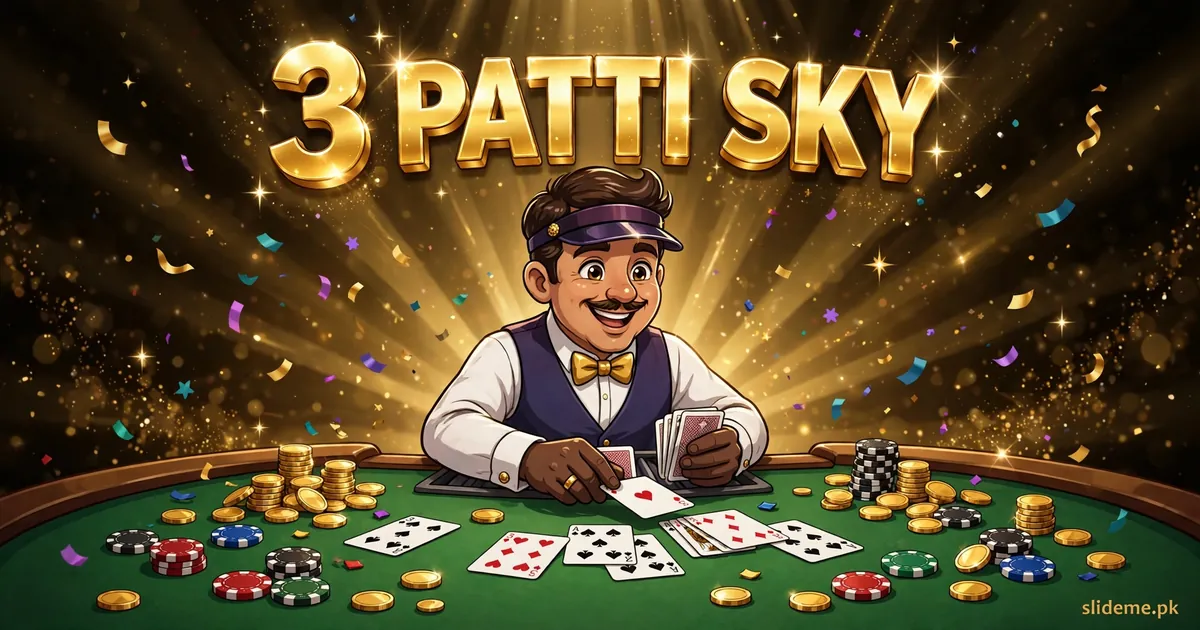 3 Patti Sky game cartoon banner showing a card dealer at a golden casino table with Teen Patti cards
