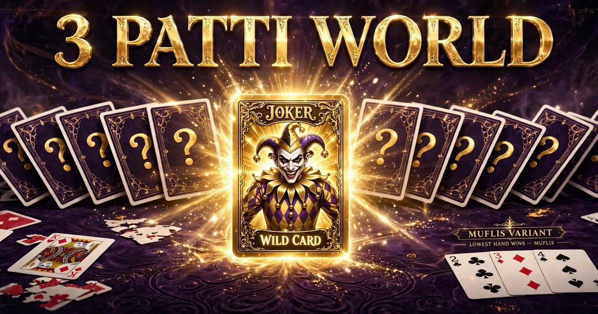 3 Patti World Joker and Muflis variant cards with glowing wild joker card