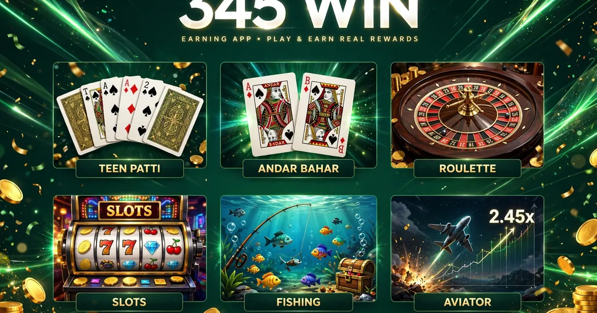 345 Win Game lobby banner showing Teen Patti, slots, Aviator and fishing games with the 345WIN logo, slideme.pk