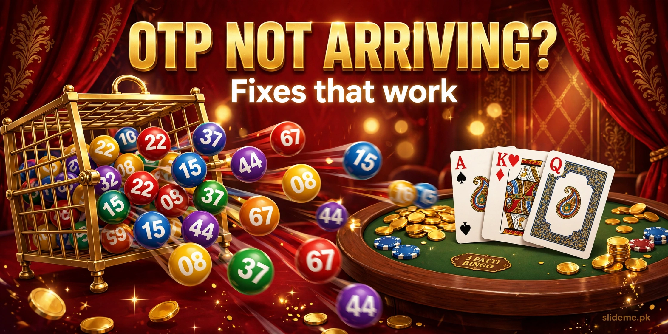 3 Patti Bingo OTP troubleshooting art with bingo balls and gold cards