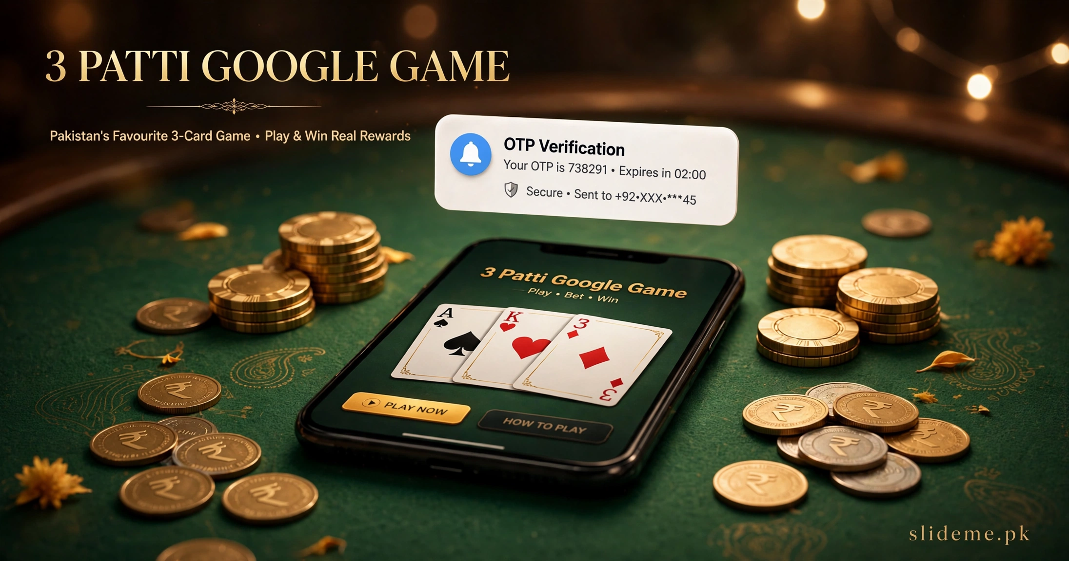 Phone showing 3 Patti Google Game login with OTP verification SMS