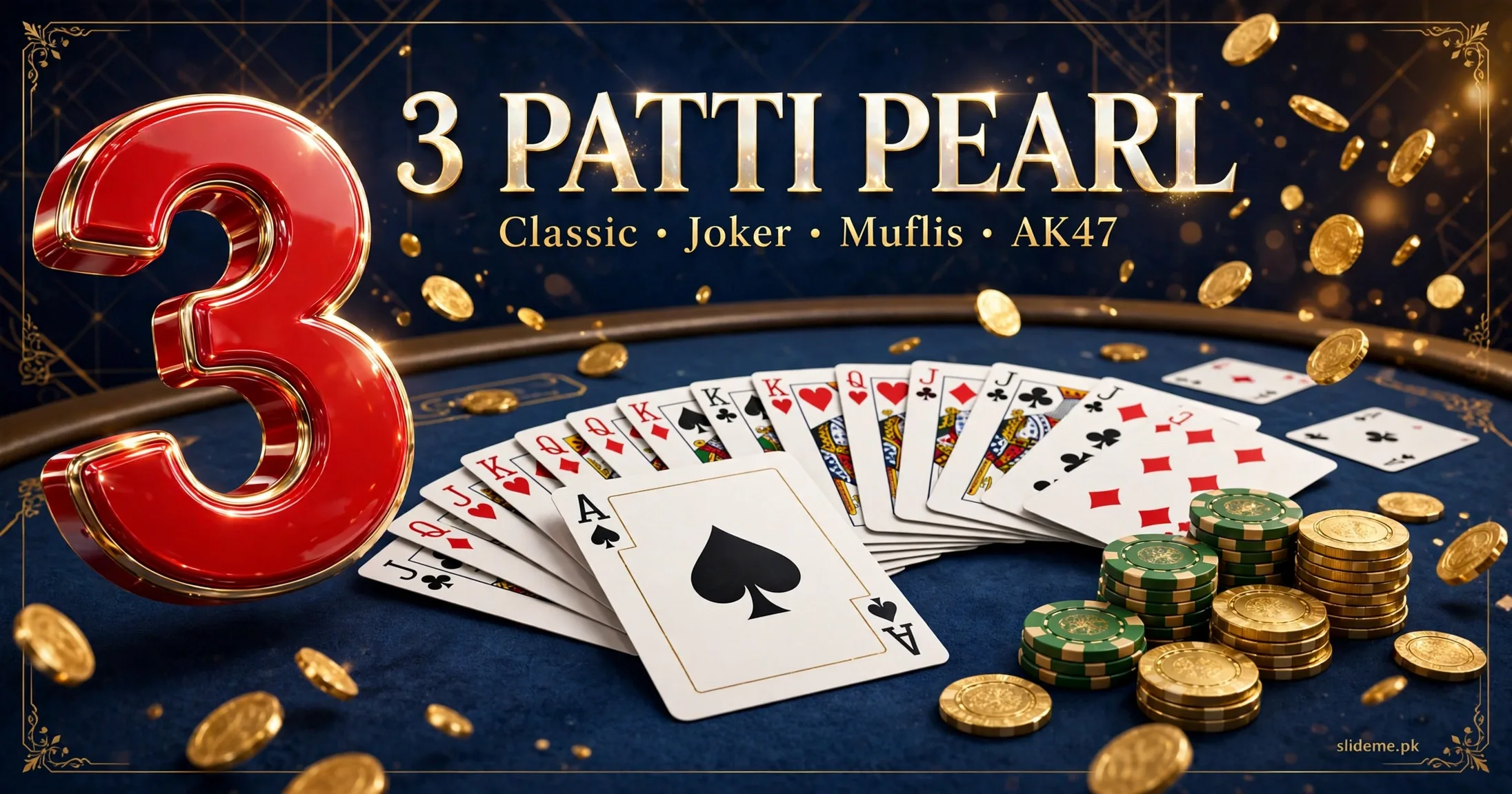 3 Patti Pearl Game modes banner showing Classic, Joker, Muflis and AK47 Teen Patti tables with fanned playing cards and poker chips.