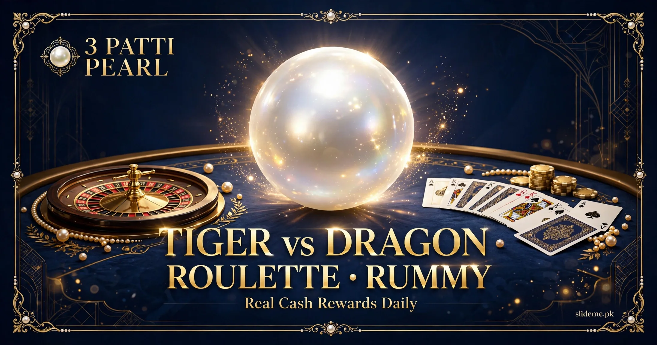 3 Patti Pearl Game lobby banner with Tiger vs Dragon, Roulette and Rummy rooms around a glowing pearl sphere.