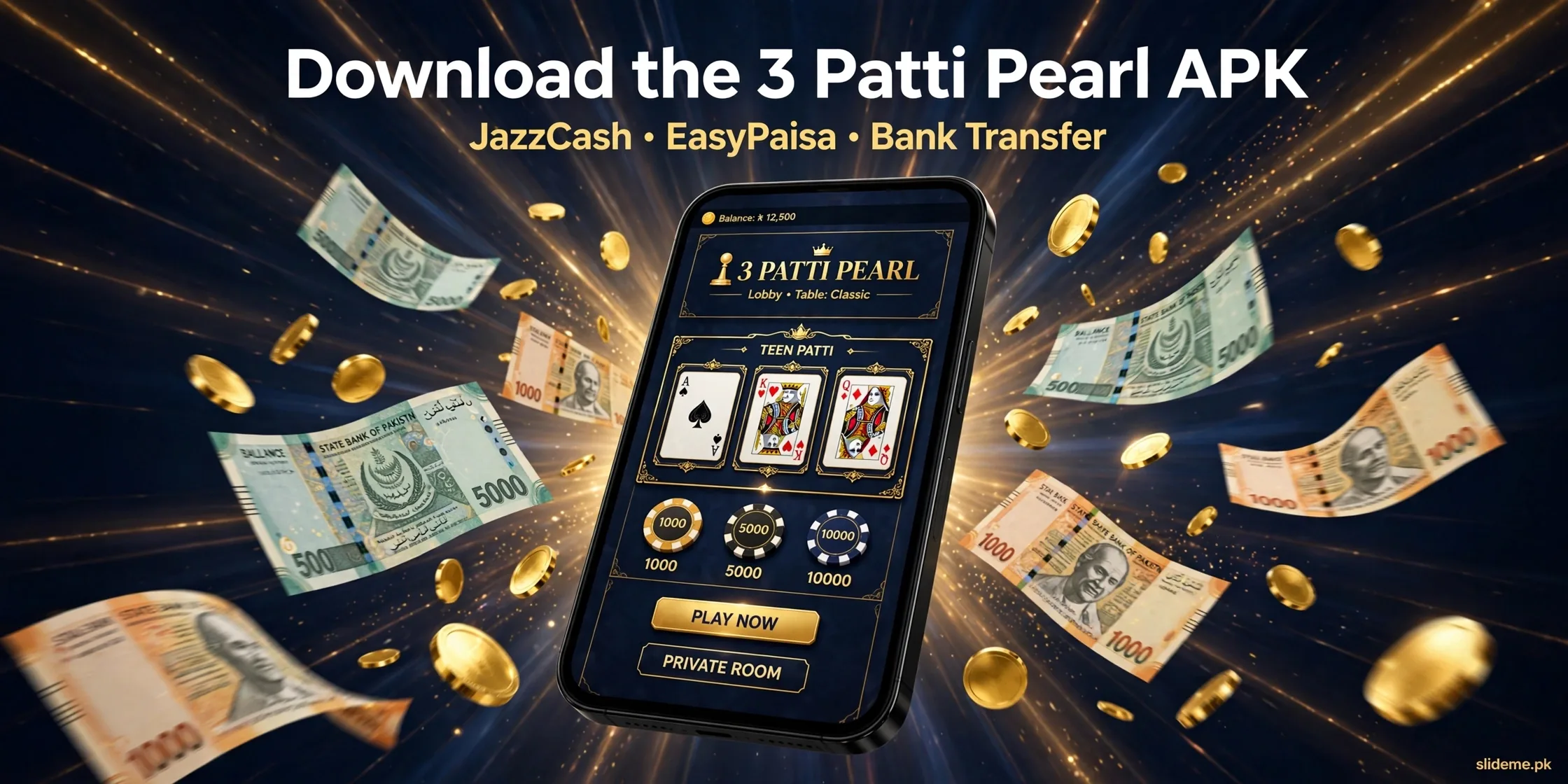 3 Patti Pearl Game APK download banner with a phone showing the navy and gold Teen Patti lobby, PKR notes and coins, JazzCash and EasyPaisa support.