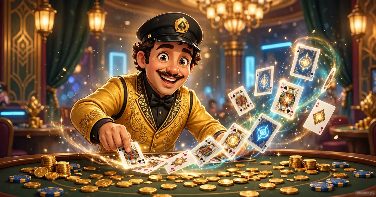Cartoon card dealer at a golden 3 Patti Sky casino table with playing cards and gold coins