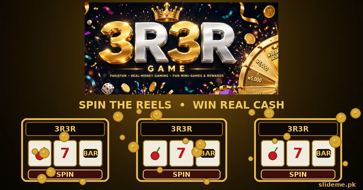 3R3R Game slots lobby banner with golden slot machines, 3R3R logo and falling gold coins