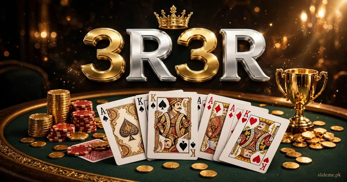 3R3R Game card games banner with Teen Patti cards, poker chips, golden trophy and 3R3R logo