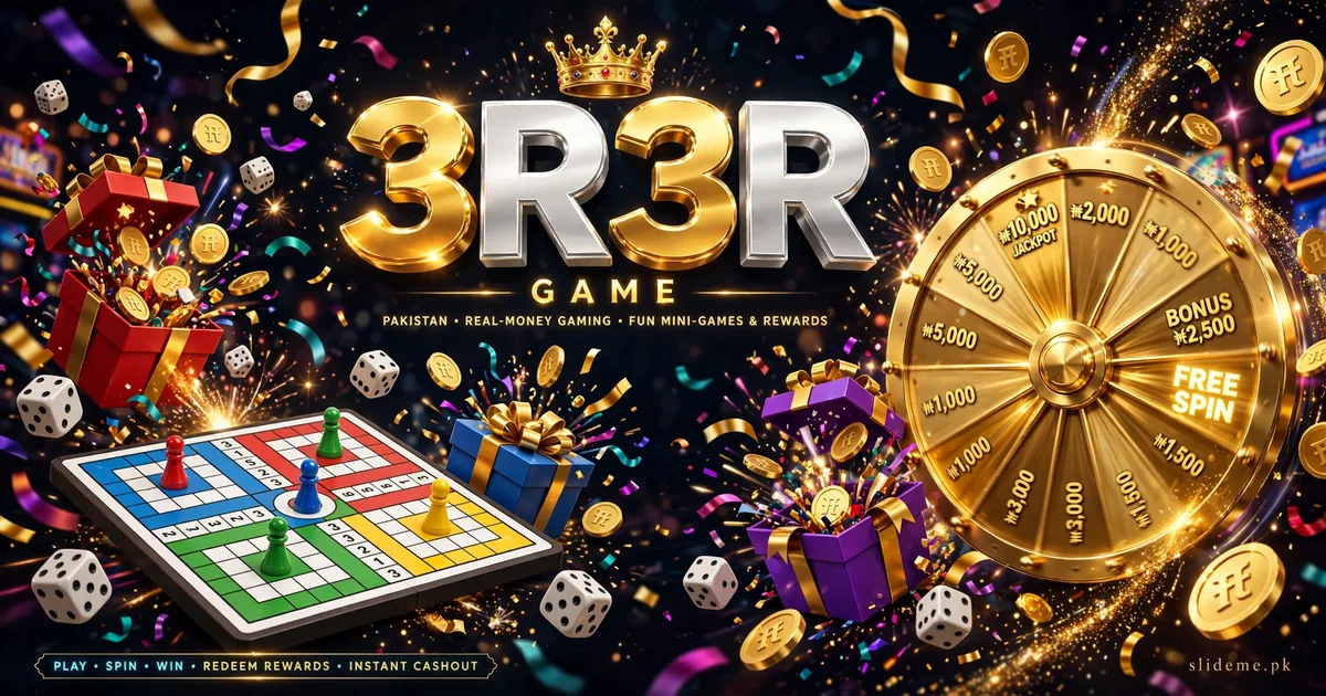 3R3R Game mini games banner with Ludo board, golden prize wheel, gift boxes and 3R3R logo