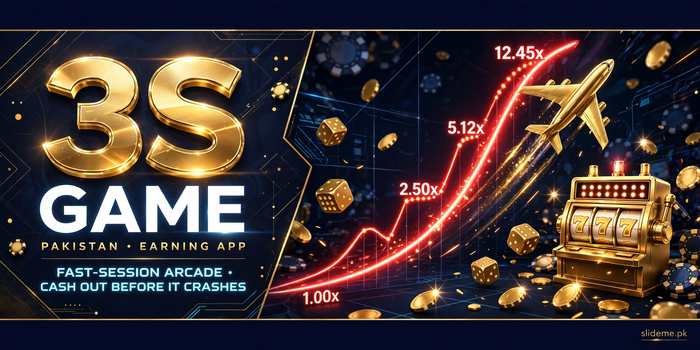 3S Game Aviator fast-session arcade gameplay with gold 3S logo, dice, slot machine and multiplier curve