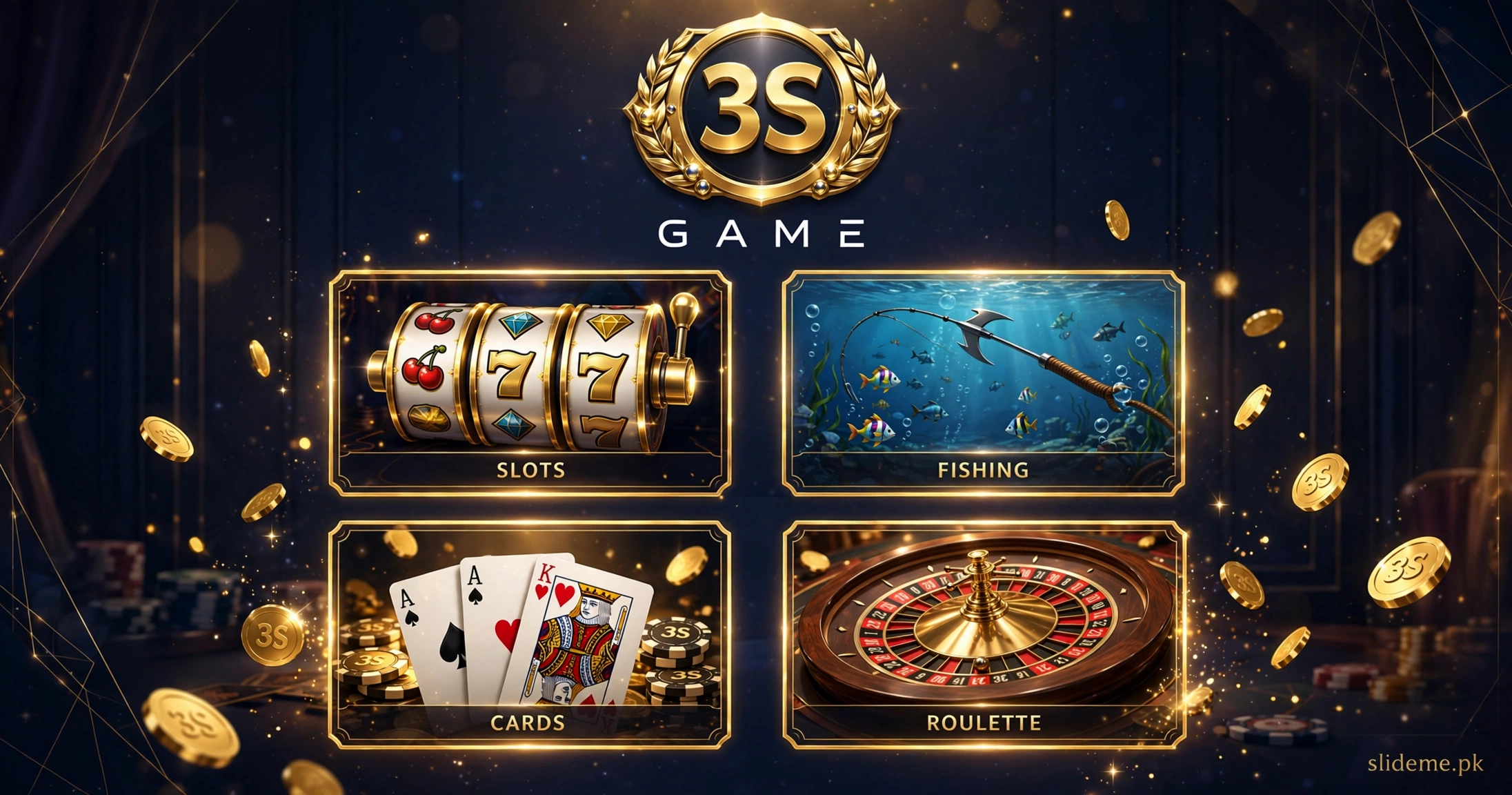 3S Game lobby with gold 3S badge and slots, fishing, cards and roulette game tiles