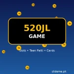 520JL Game app featured graphic — bold 520JL logo in blue and gold with slot reels, playing cards and gold coins, slideme.pk