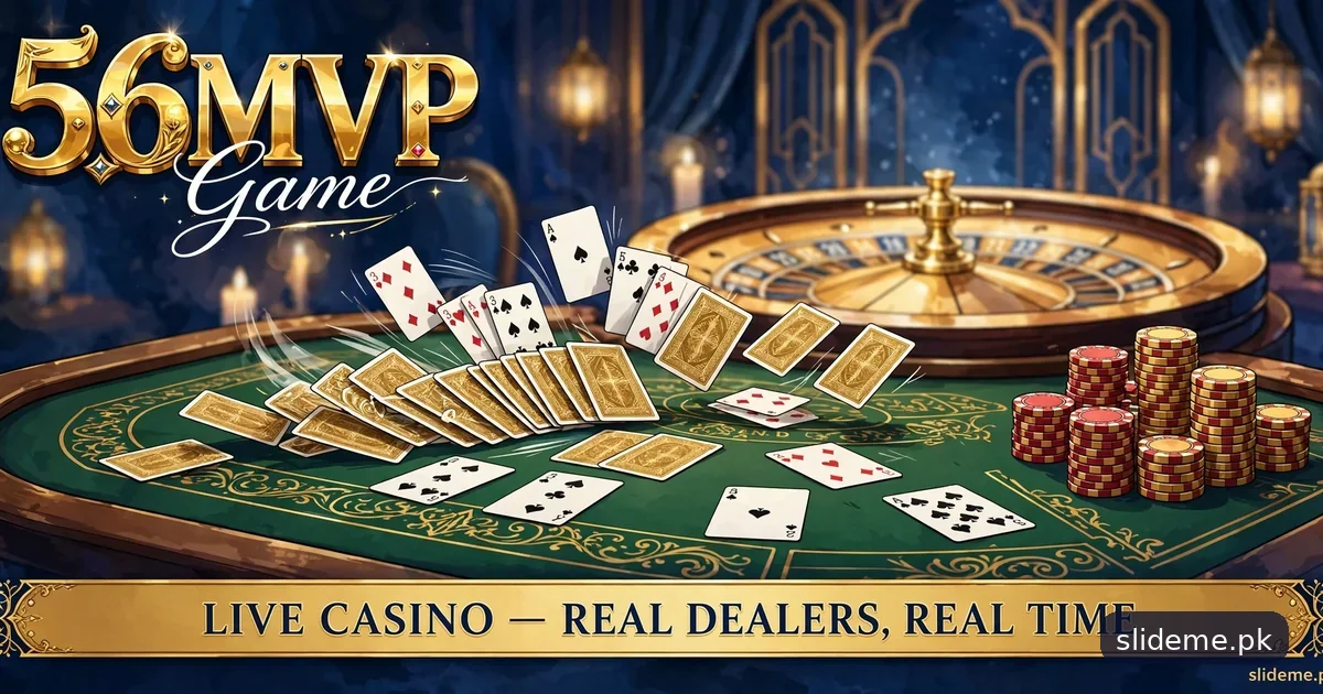 56MVP Game live casino banner with baccarat table, roulette wheel and real dealer cards