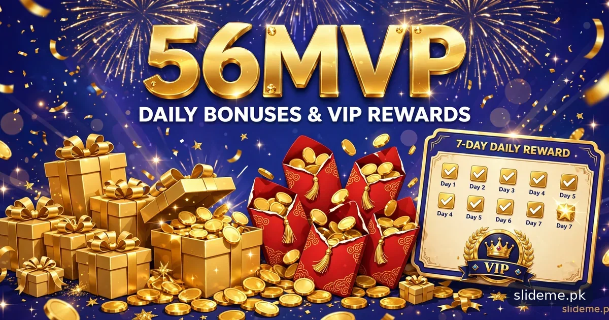 56MVP Game bonuses banner with daily rewards calendar, VIP crown, gift boxes and red envelopes