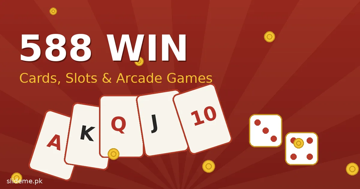588win Game cards and arcade banner showing playing cards, dice and gold coins