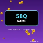 58Q Game featured graphic — purple 58Q logo with color prediction balls, lottery wheel and gold coins, slideme.pk