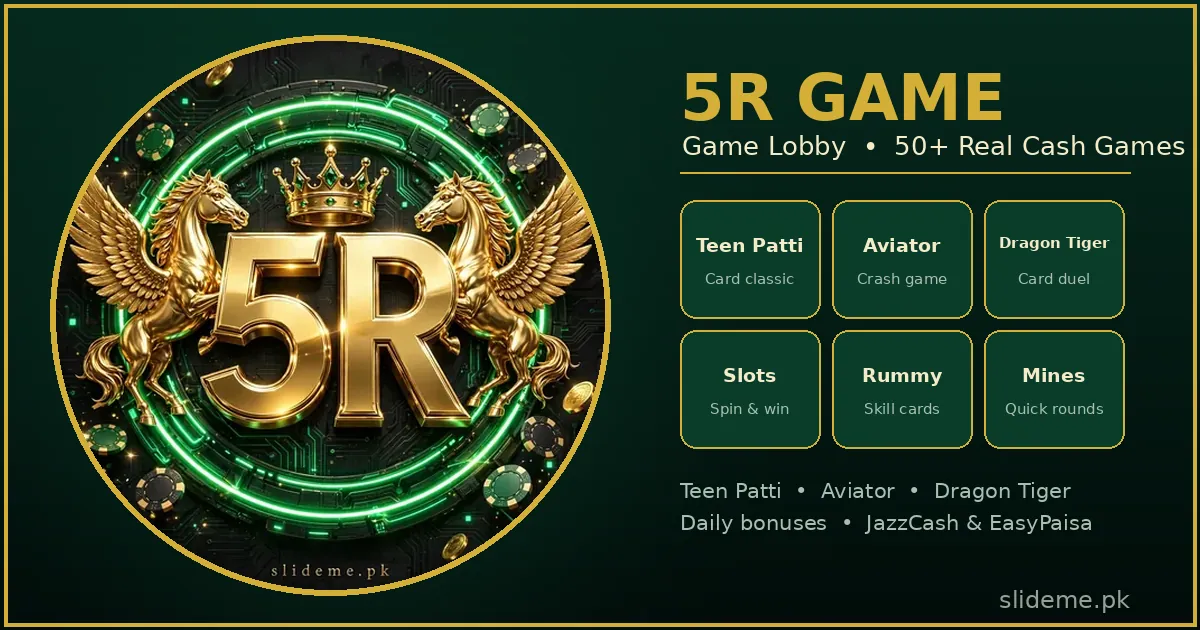 5R Game lobby – Teen Patti, Aviator, Dragon Tiger, Slots, Rummy and Mines game tiles with slideme.pk branding