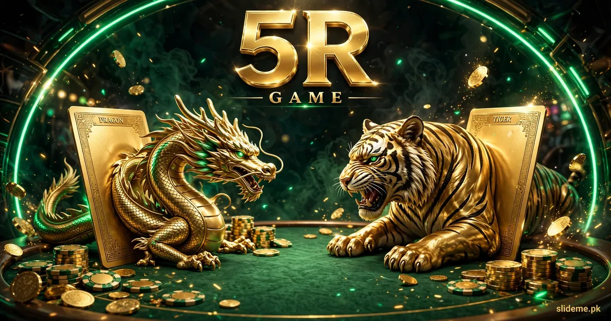 5R Game Dragon vs Tiger card game banner – golden dragon and tiger with playing cards and slideme.pk branding