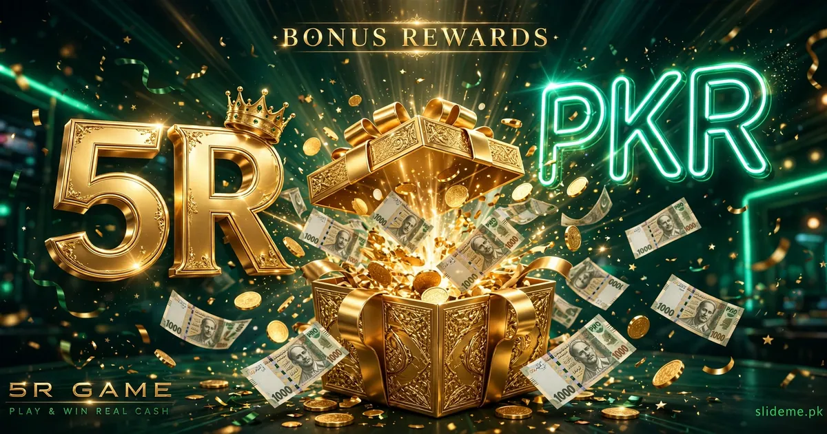 5R Game bonus rewards banner – gold gift box with PKR notes and coins with slideme.pk branding
