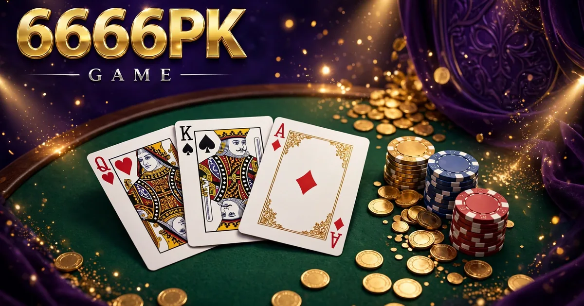 6666PK Game card table banner with Teen Patti cards, poker chips and gold coins