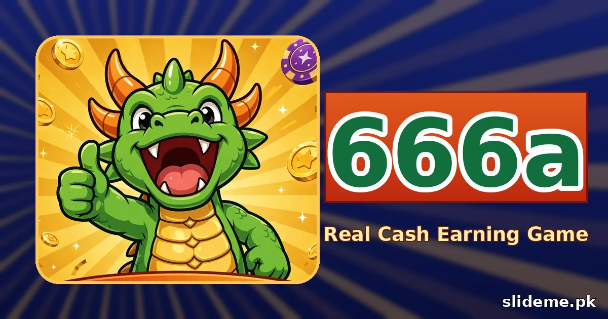 Wide 666A promo banner: green dragon mascot on royal-blue background with golden rays, red ribbon with bold 666A logo, slideme.pk watermark