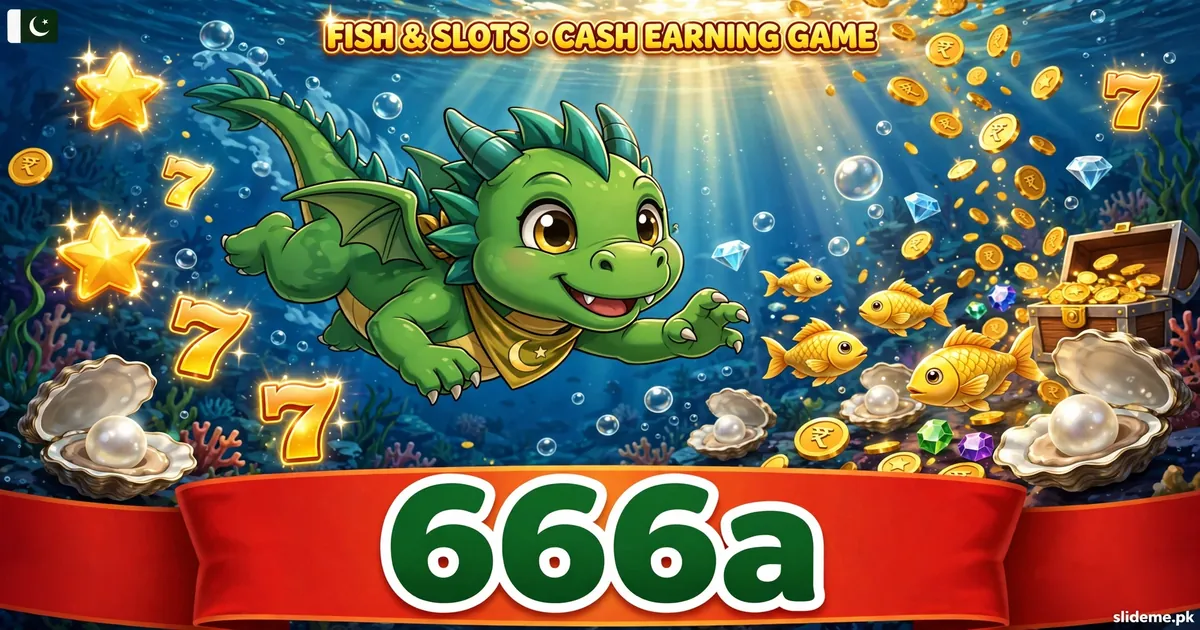 Wide 666A promo banner: green dragon diving through an underwater treasure scene with gold coins, pearls and lucky sevens, bold 666A logo on red ribbon, slideme.pk watermark