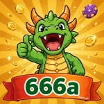 666A Game app icon artwork - cheerful green dragon mascot with golden coins and casino chip, bold green 666a logo on red-orange ribbon, slideme.pk watermark