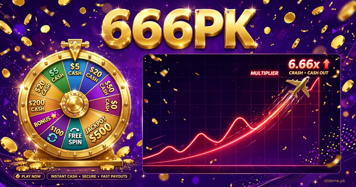 666PK Game lucky spin wheel and Aviator crash multiplier banner with gold coins, slideme.pk