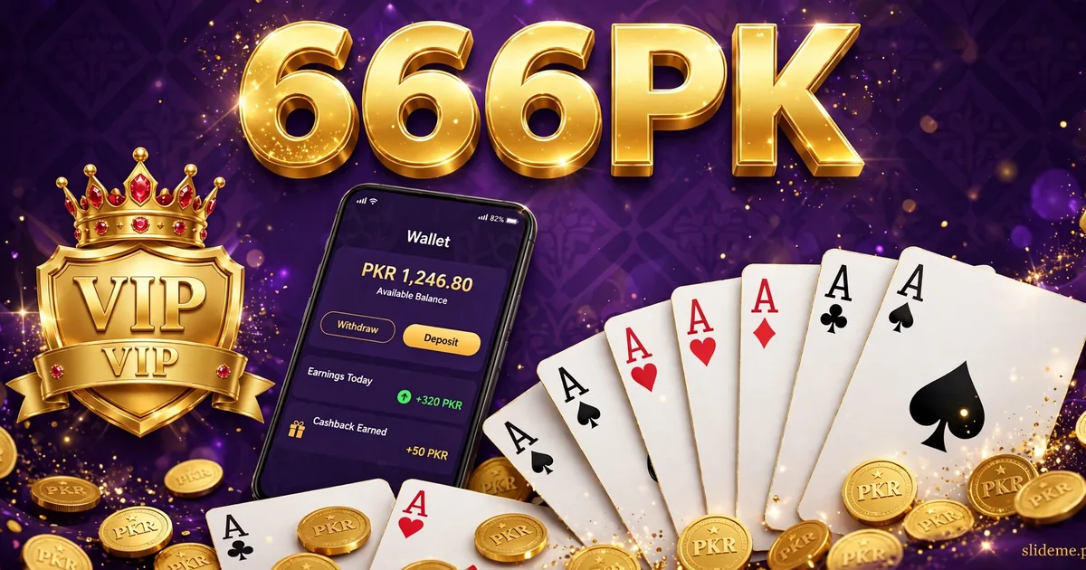 666PK Game VIP crown, mobile wallet and playing-card aces promo banner, slideme.pk