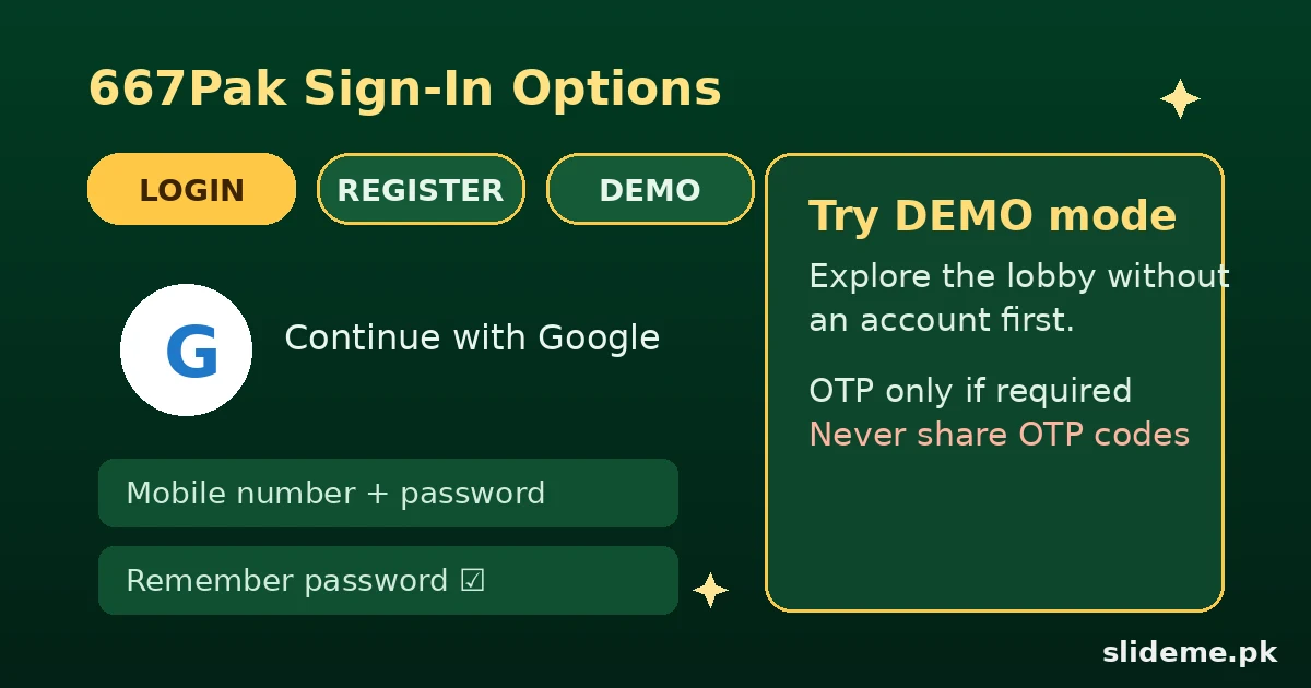 667Pak login guide — emerald green sign-in options with Google and Demo mode