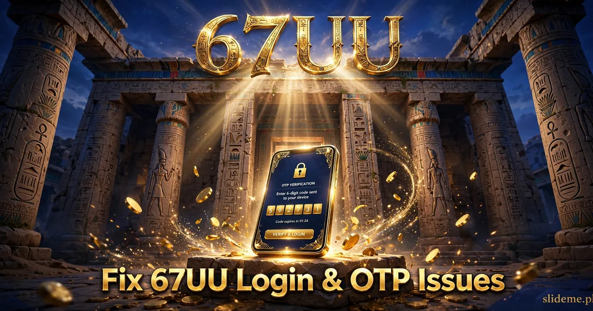 67UU login OTP verification fix — ancient temple scene with phone showing OTP code entry