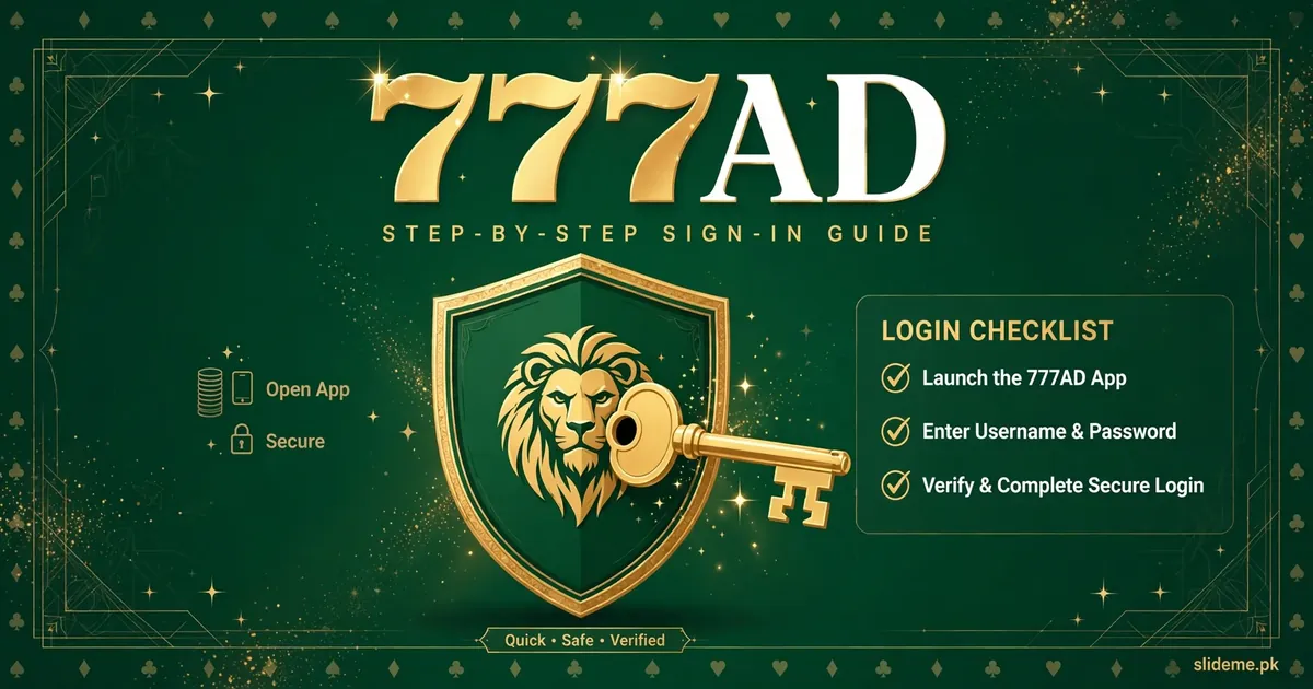 777AD step-by-step sign-in checklist banner with gold lion shield crest and slideme.pk