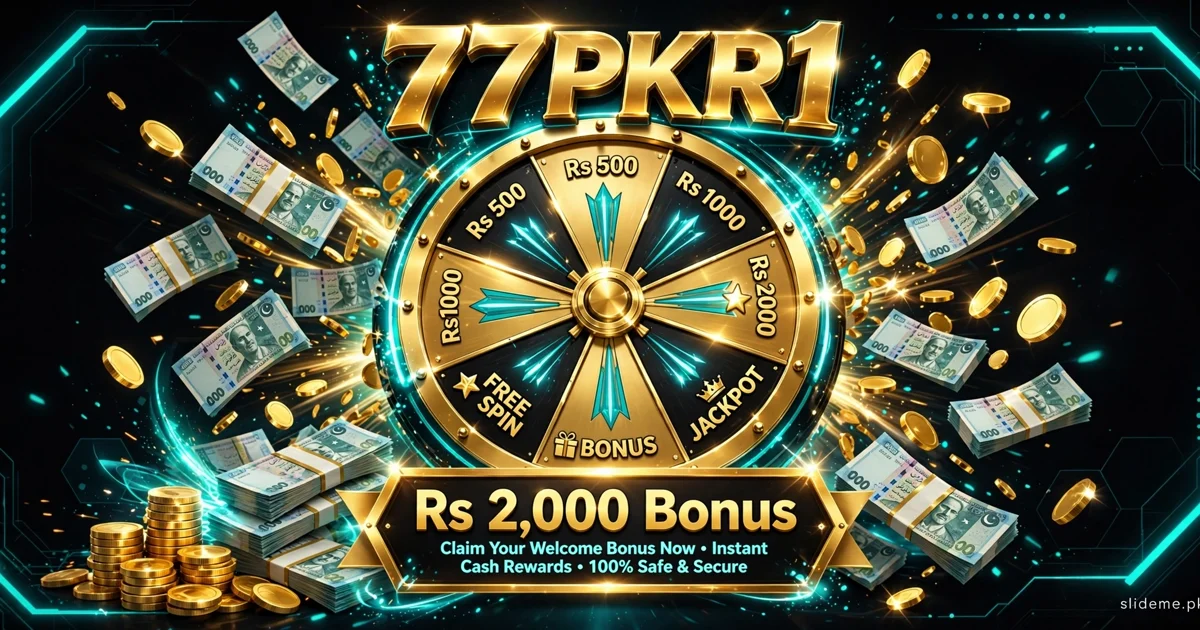77PKR1 Game bonus banner with golden spin wheel, Rs 2,000 bonus and cash rewards